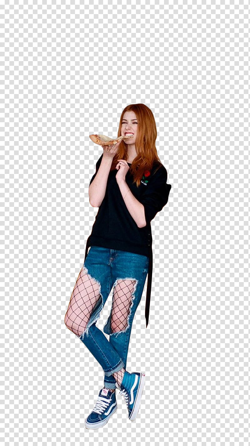 Katherine McNamara, woman wearing black shirt and blue distress pants standing while eating pizza transparent background PNG clipart