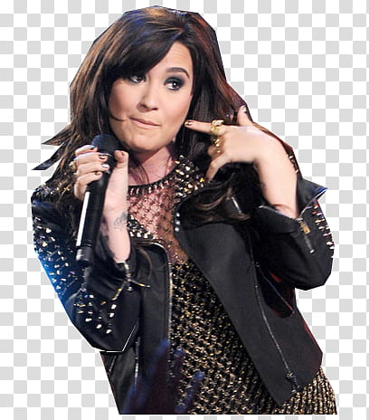 Demi Lovato, woman standing holding microphone transparent background PNG clipart