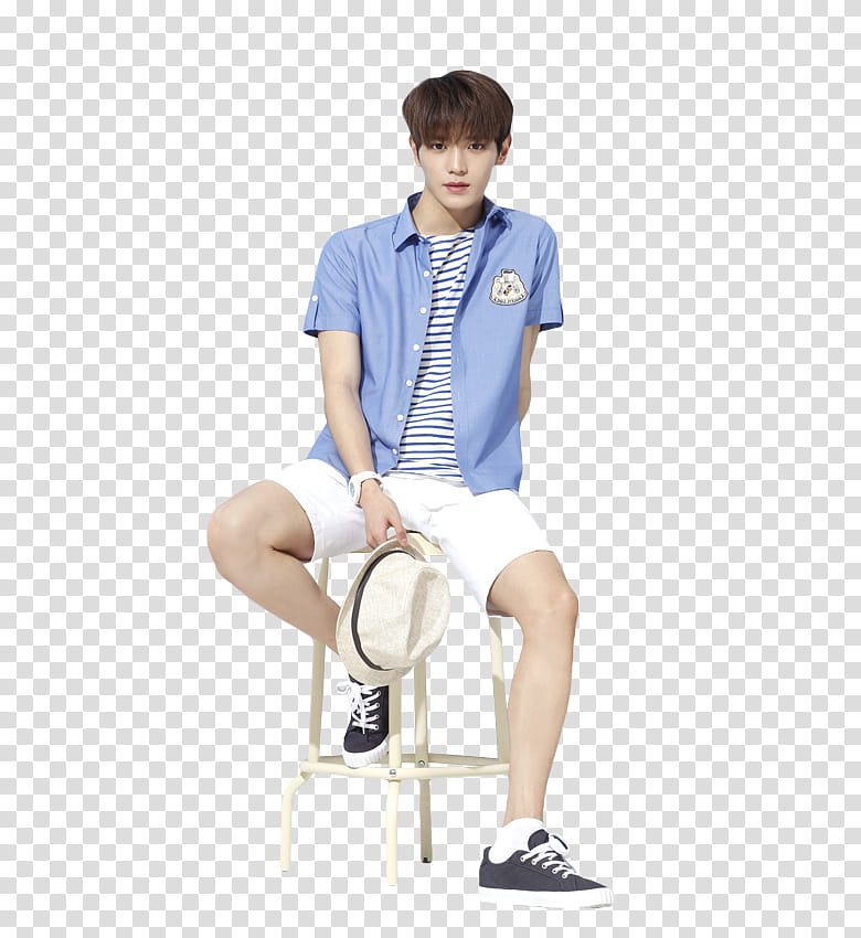 TAEYONG NCT, man sitting on stool while holding his cap transparent background PNG clipart