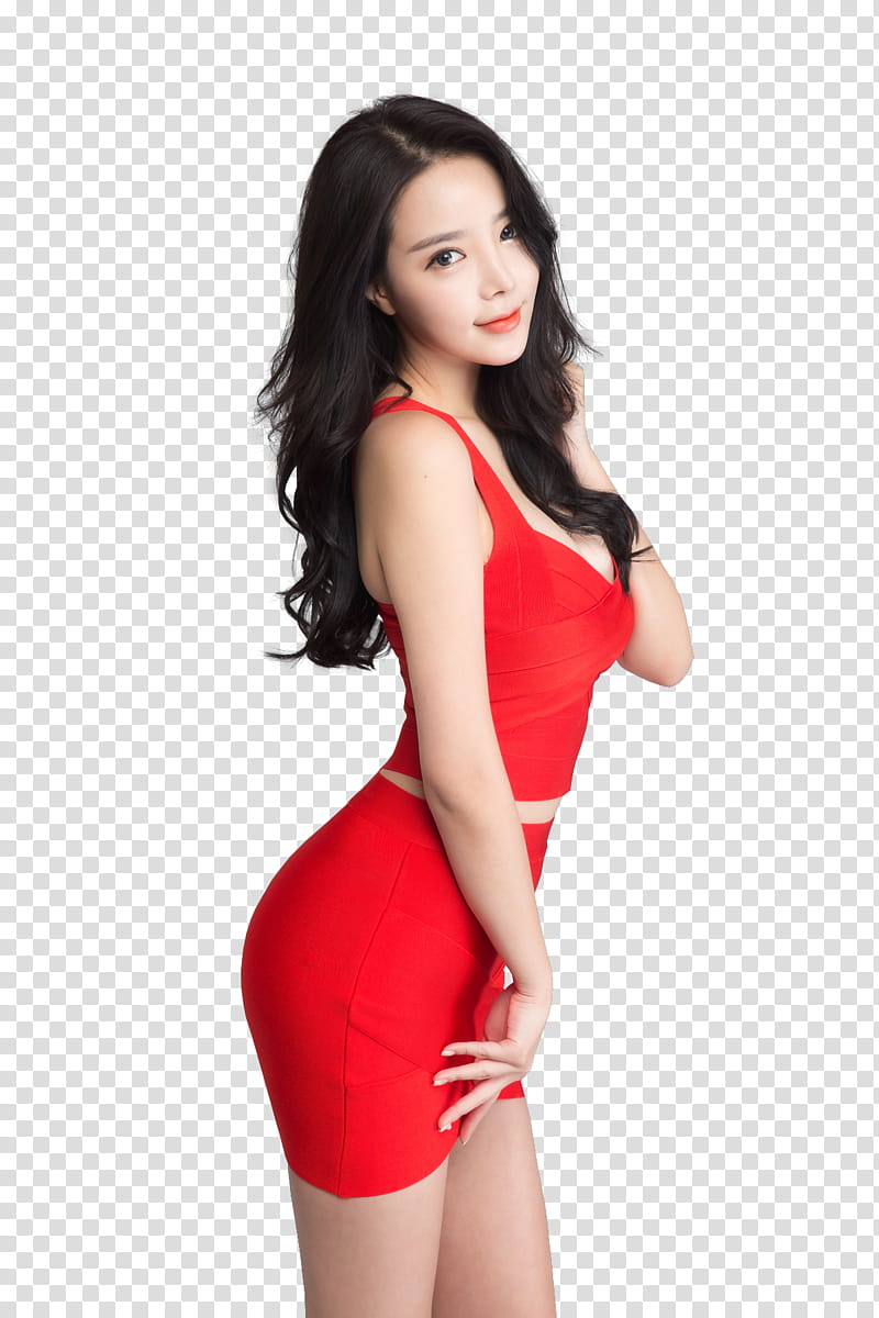 HAN JI YEON, woman wearing red tank crop top and mini skirt transparent background PNG clipart
