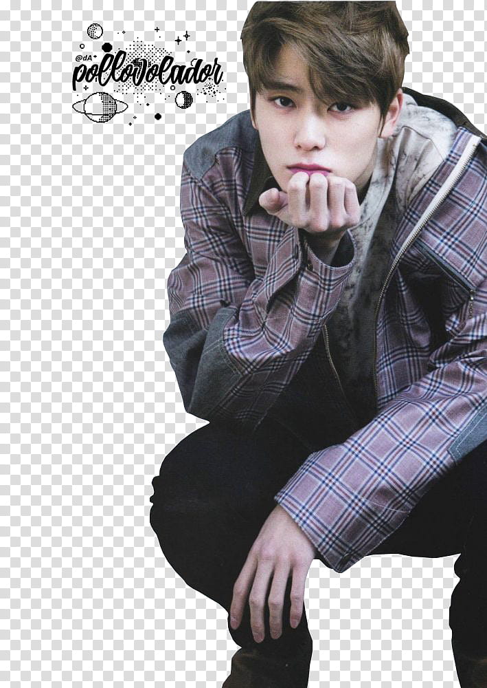 Jaehyun L Officiel Hommes, man in grey and black plaid hoodie crouching transparent background PNG clipart