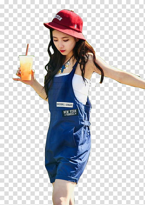 woman wearing overall shorts holding cup of drink transparent background PNG clipart