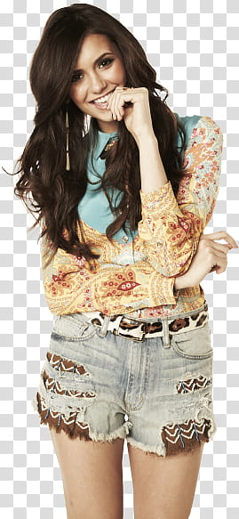 Nina Dobrev, women's blue denim hot shorts transparent background PNG clipart