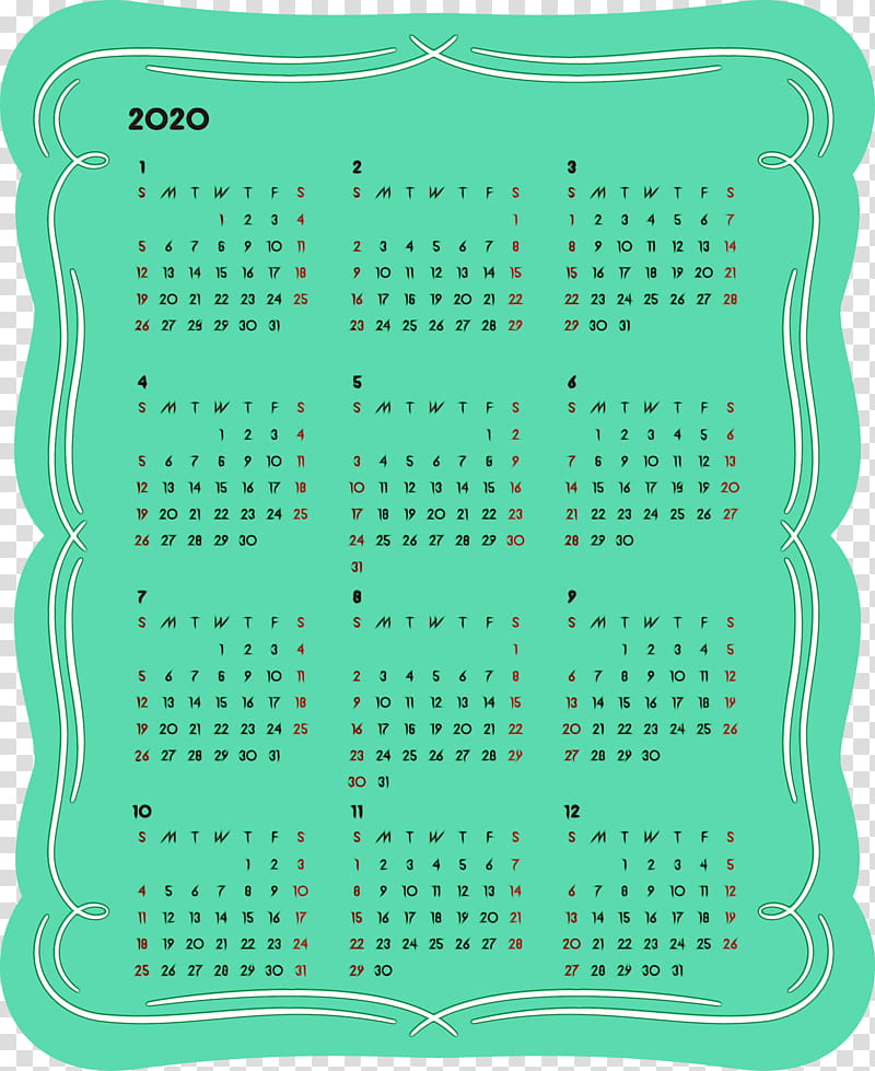 green teal rectangle pattern square, 2020 Yearly Calendar, Printable 2020 Yearly Calendar, Year 2020 Calendar, Watercolor, Paint, Wet Ink transparent background PNG clipart