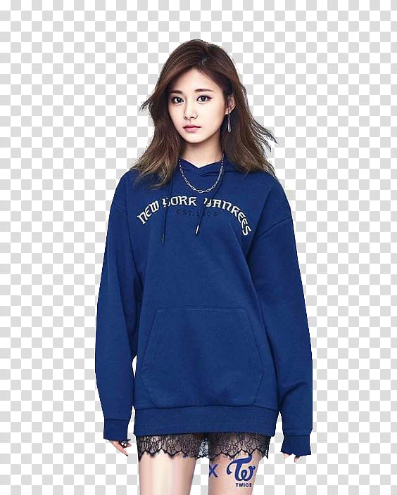 TWICE Tzuyu MLB , woman wearing blue pullover hoodie transparent background PNG clipart