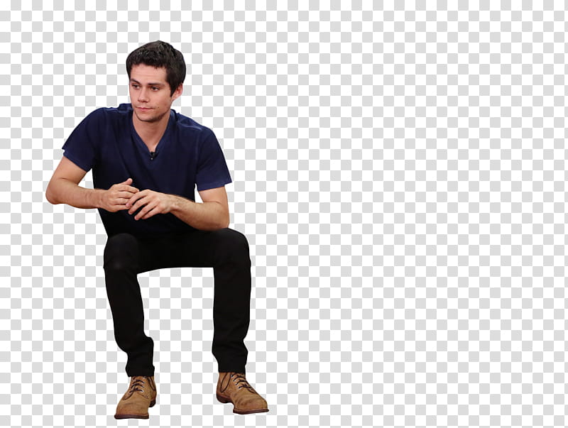 Dylan O brien , sitting man in blue crew-neck t-shirt and black denim jeans transparent background PNG clipart