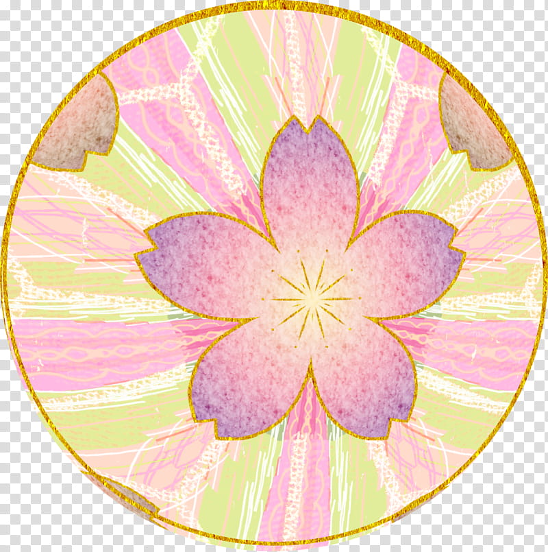 Japanese style set, round pink and yellow floral print plate transparent background PNG clipart