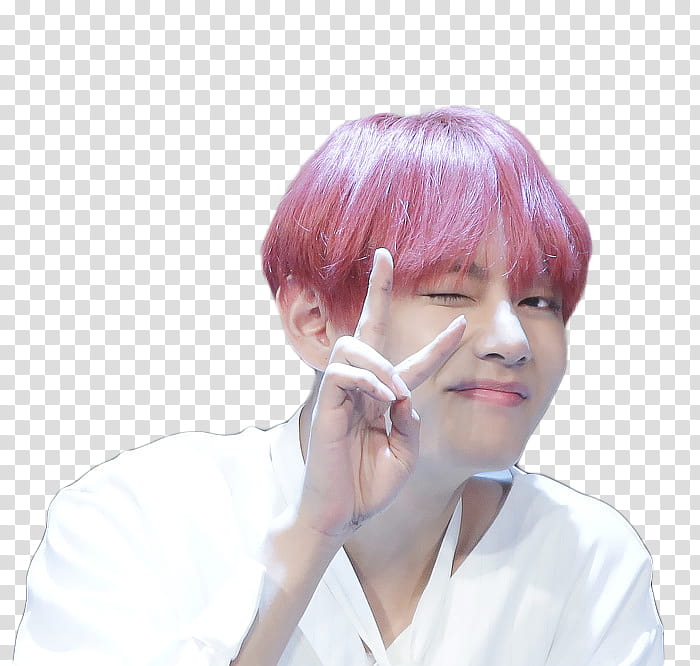 V TAEHYUNG BTS, man wearing white shirt doing peace hand sign transparent background PNG clipart