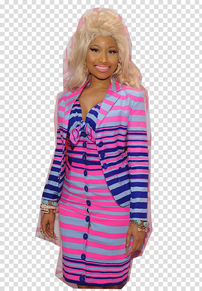 smiling Nikki Minaj wearing pink, gray, and blue striped suit transparent background PNG clipart