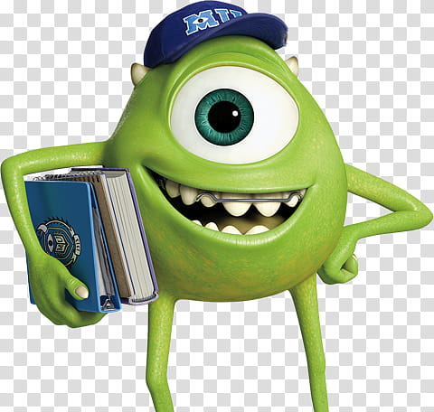 Mike Wazowski wearing Monsters University cap and carrying books transparent background PNG clipart