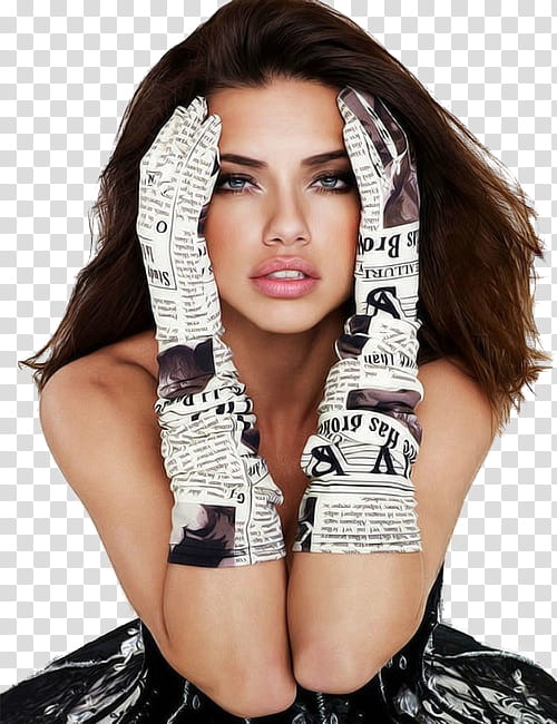 Adriana Lima, woman holding head wearing white-and-black gloves transparent background PNG clipart