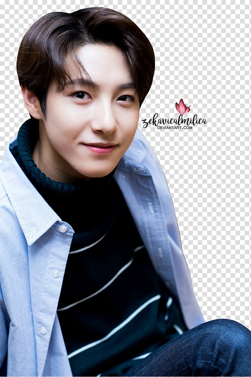 NCT Renjun Sweet Valentine Day, man wearing black crew-neck shirt and gray chambray sport shirt transparent background PNG clipart