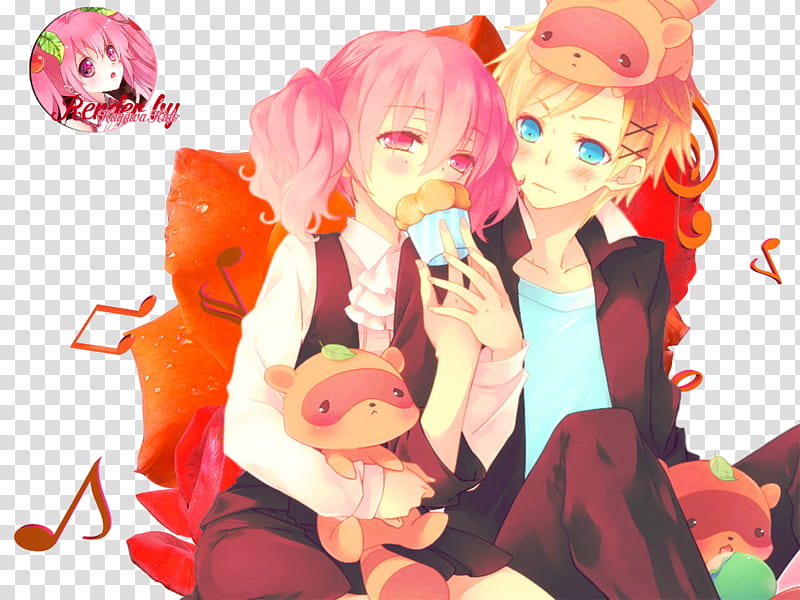 Anime Couple, pink-haired woman holding brown bear plush toy anime character transparent background PNG clipart