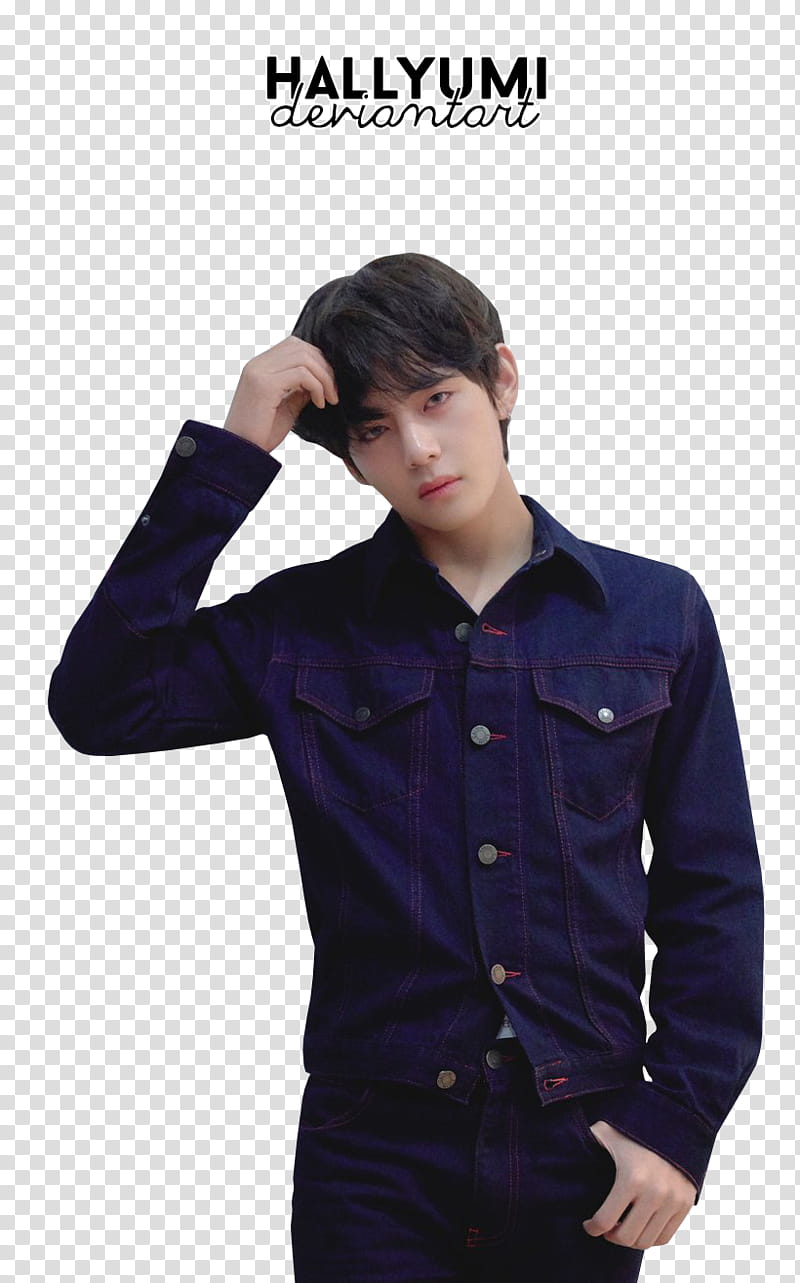 BTS Love Yourself Tear R version, man wearing blue denim jacket with right hand on hair transparent background PNG clipart