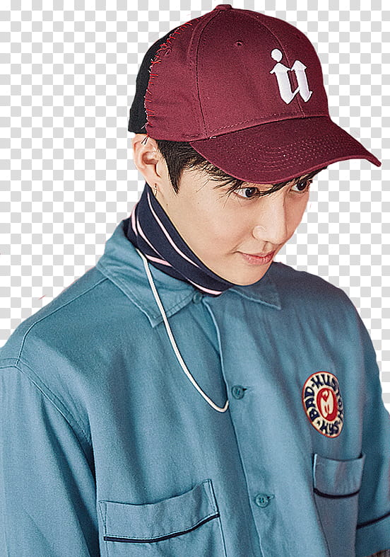 EXO EX ACT COMEBACK, man in blue shirt wearing maroon hat transparent background PNG clipart