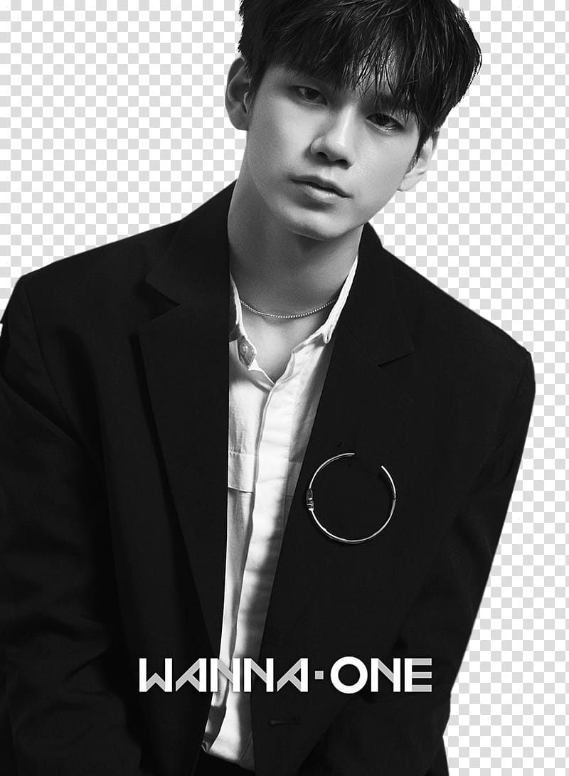 WANNA ONE, man in black formal suit with wanna one text overlay transparent background PNG clipart