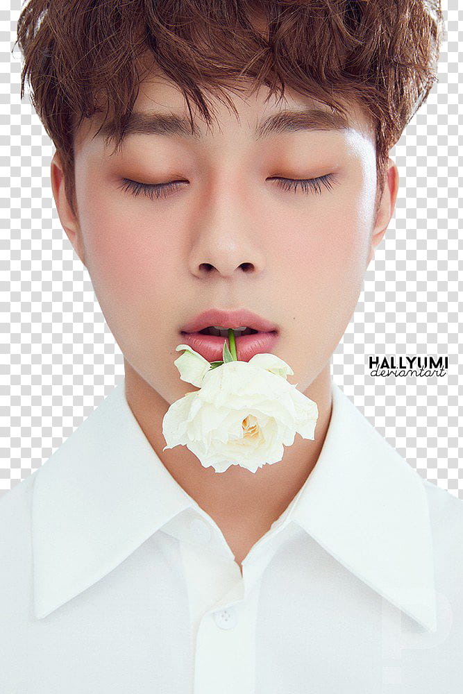 Yoo Seonho, man closing his eyes with white flower on his mouth transparent background PNG clipart