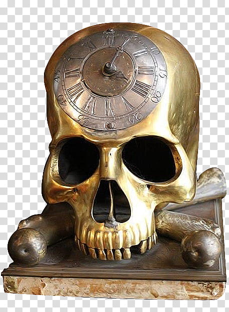 Dark Temper, brass skull-themed analog clock transparent background PNG clipart