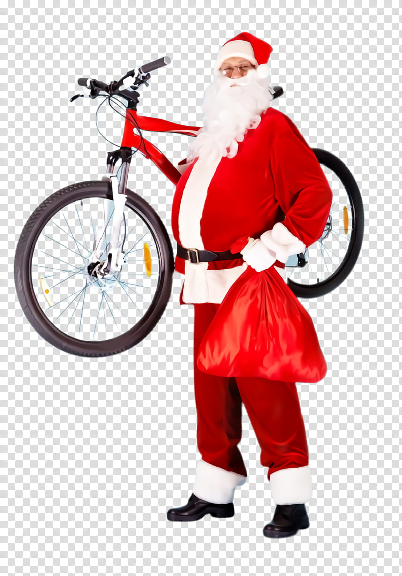 Santa claus, Fictional Character, Vehicle, Costume, Bicycle Accessory, Sports Equipment, Bicycle Wheel transparent background PNG clipart