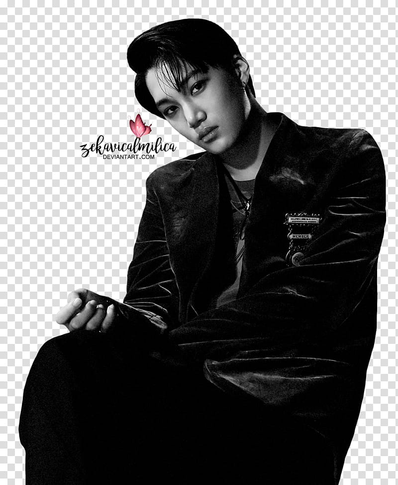 EXO Kai LOTTO, man sitting grayscale transparent background PNG clipart