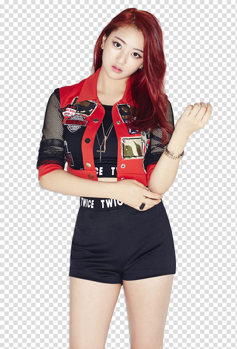 Twice Ooh Ahh Teaser , woman in red jacket holding her left arm transparent background PNG clipart