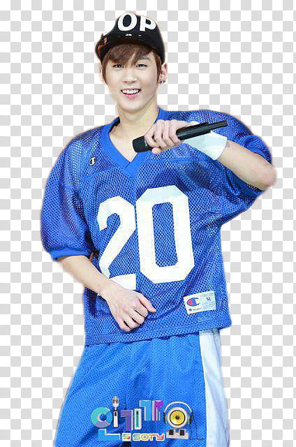 Chunji Teen Top , smiling man in blue and white jersey shirt and shorts transparent background PNG clipart