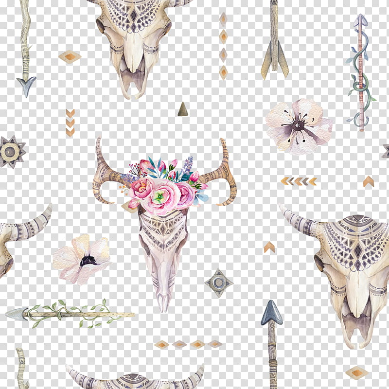 Skull Art, Cattle, Watercolor Painting, Logo, Feather, Bohochic, Bone, Jaw transparent background PNG clipart