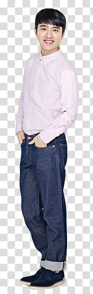 Man wearing purple sweater and blue denim jeans standing