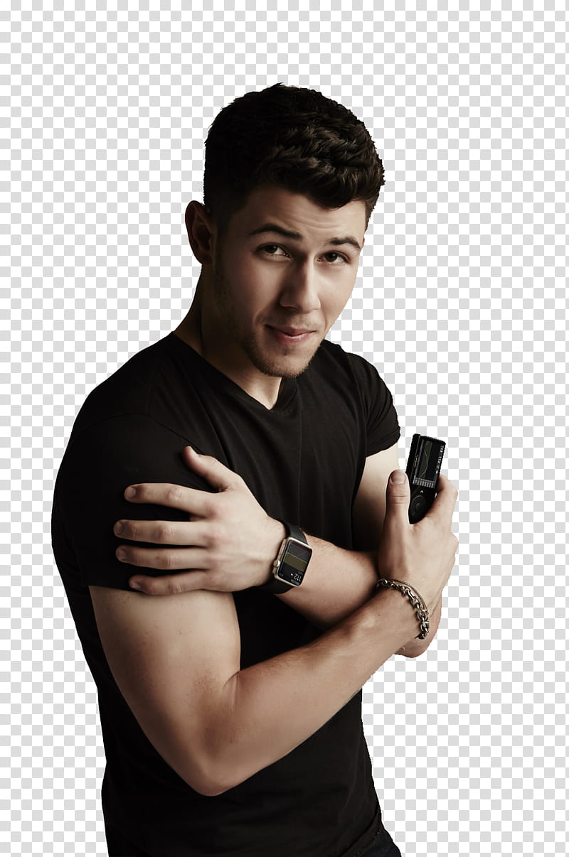 Nick Jonas , man holding black smartphone transparent background PNG clipart