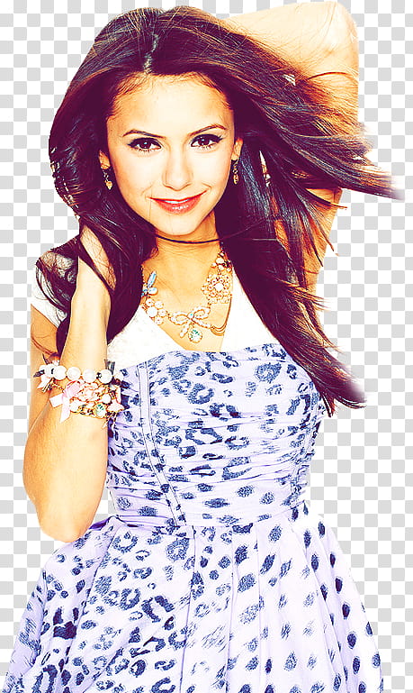 Nina Dobrev, smiling woman in white and blue dress transparent background PNG clipart