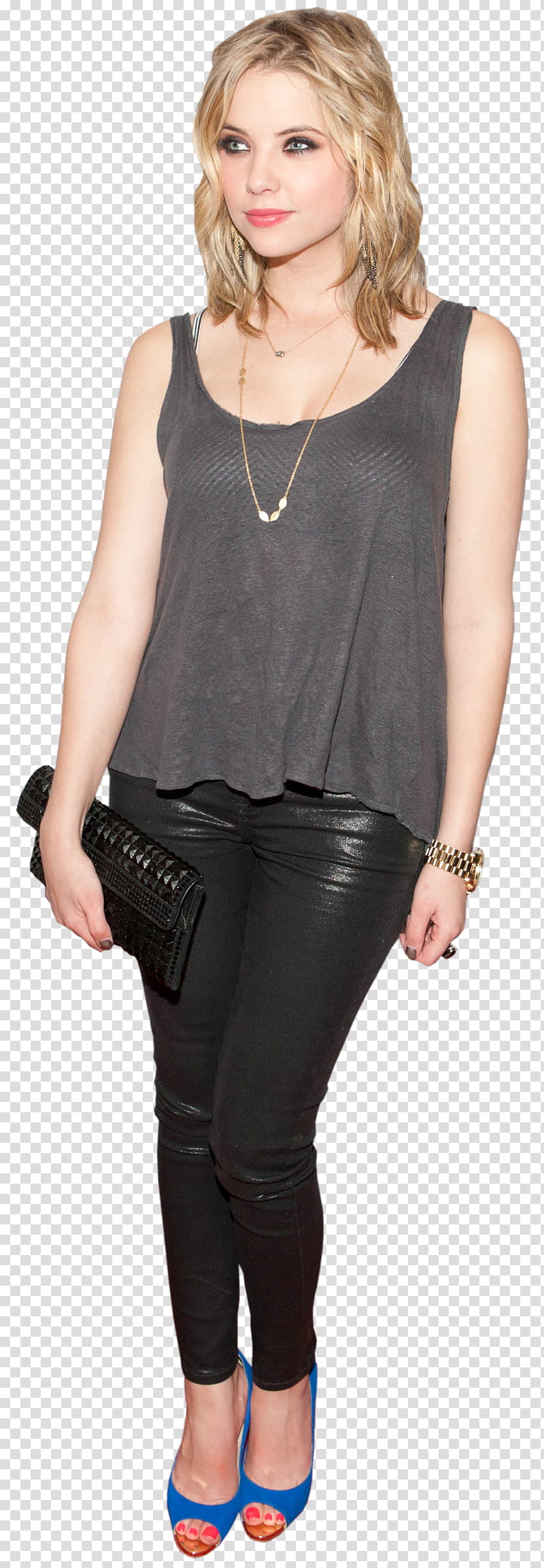 ashley benson, woman carrying black leather clutch bag transparent background PNG clipart