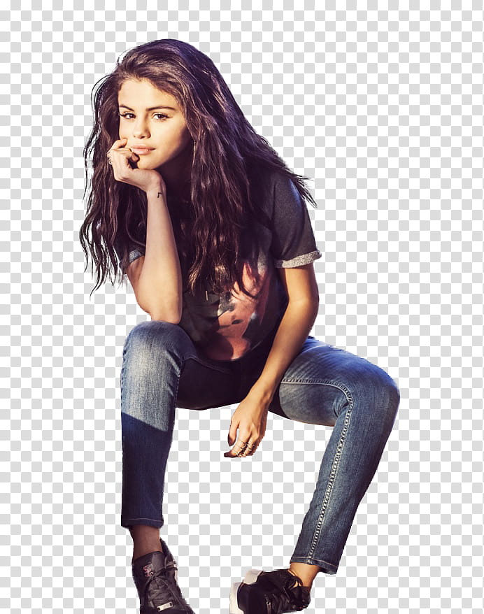 Selena Gomez, Selena Gomez sitting while resting her head on her hand transparent background PNG clipart