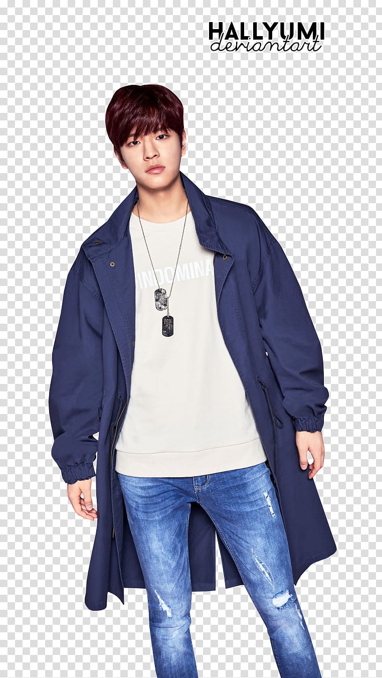 Stray Kids, man wearing gray crew-neck shirt, blue coat and distressed blue denim jeans outfit transparent background PNG clipart