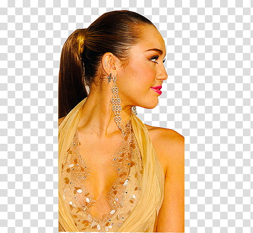 Miley Cyrus, woman wearing dangling earrings and halter top transparent background PNG clipart