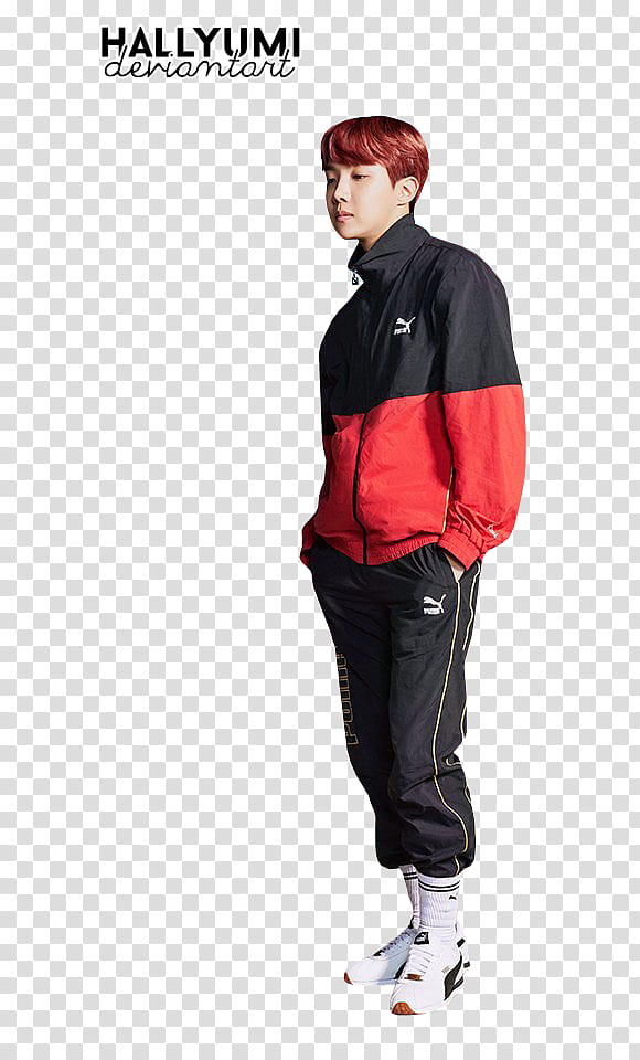 BTS PUMA, man wearing black and red Puma jacket transparent background PNG clipart