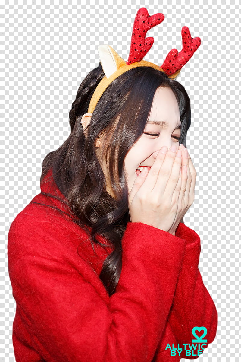 NAYEON TWICE, girl wearing red hoodie covering mouth while smiling transparent background PNG clipart