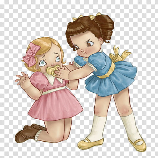 Cry Baby, standing girl putting pacifier on kneeling girl's mouth transparent background PNG clipart