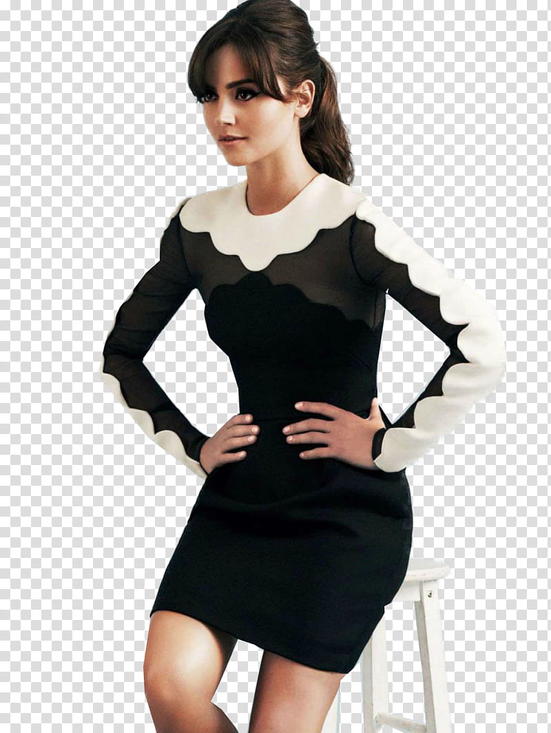 Jenna Coleman, sitting Jenna-Louise Coleman wearing white and black long-sleeved minidress transparent background PNG clipart