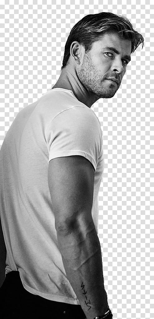 Chris Hemsworth, man in white crew-neck t-shirt transparent background PNG clipart