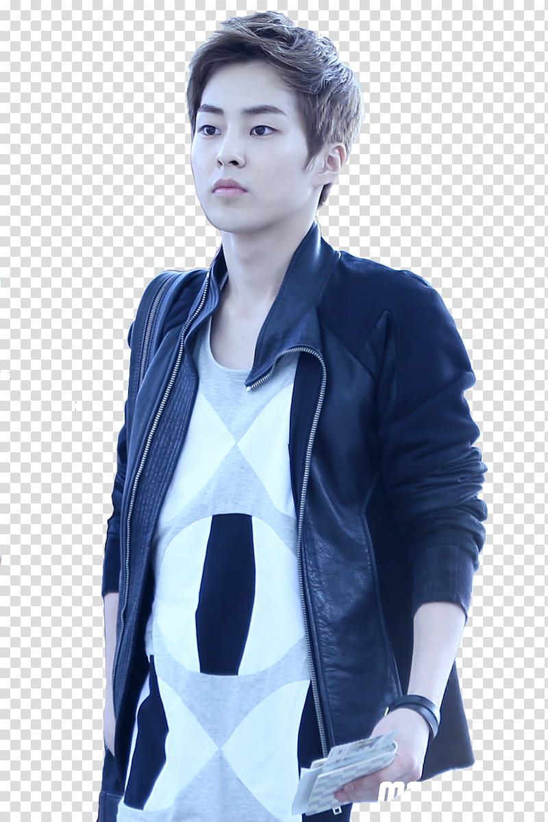 Airport ft EXO Xiumin, man wearing black leather zip-up jacket transparent background PNG clipart