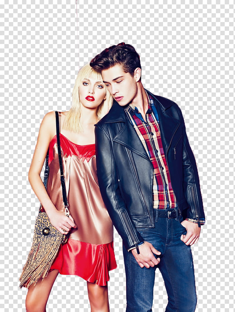 Francisco Lachowski, woman with fringe bag standing beside man wearing black leather biker jacket transparent background PNG clipart