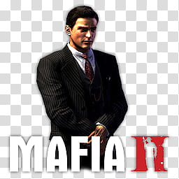 MAFIA II HQ Icon, mafia , black haired man in black suit jacket with text overlay transparent background PNG clipart