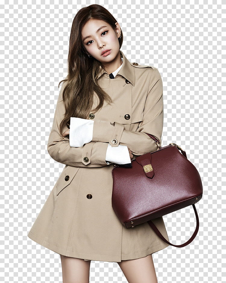 BLACKPINK , woman in brown coat with brown leather bag transparent background PNG clipart