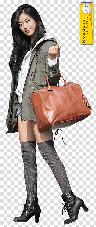 Renders Asian Girls, woman standing while holding brown leather bag transparent background PNG clipart