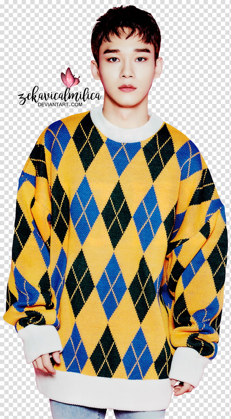EXO CBX Magical Circus, men's yellow, blue, and black argyle sweater transparent background PNG clipart