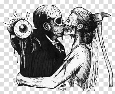 grayscale of skull and and woman kissing on lips art transparent background PNG clipart