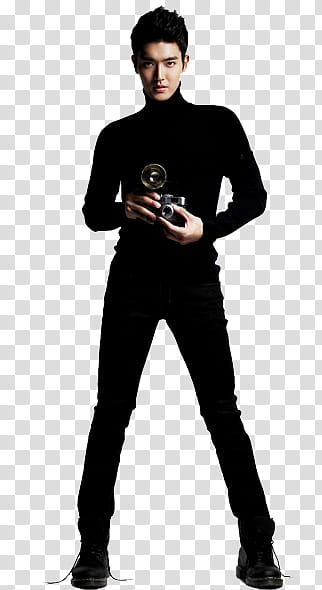 Super Junior A CHa , man holding black DSLR camera transparent background PNG clipart