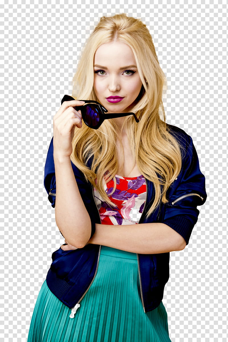 DOVE CAMERON, woman in blue jacket holding sunglasses transparent background PNG clipart