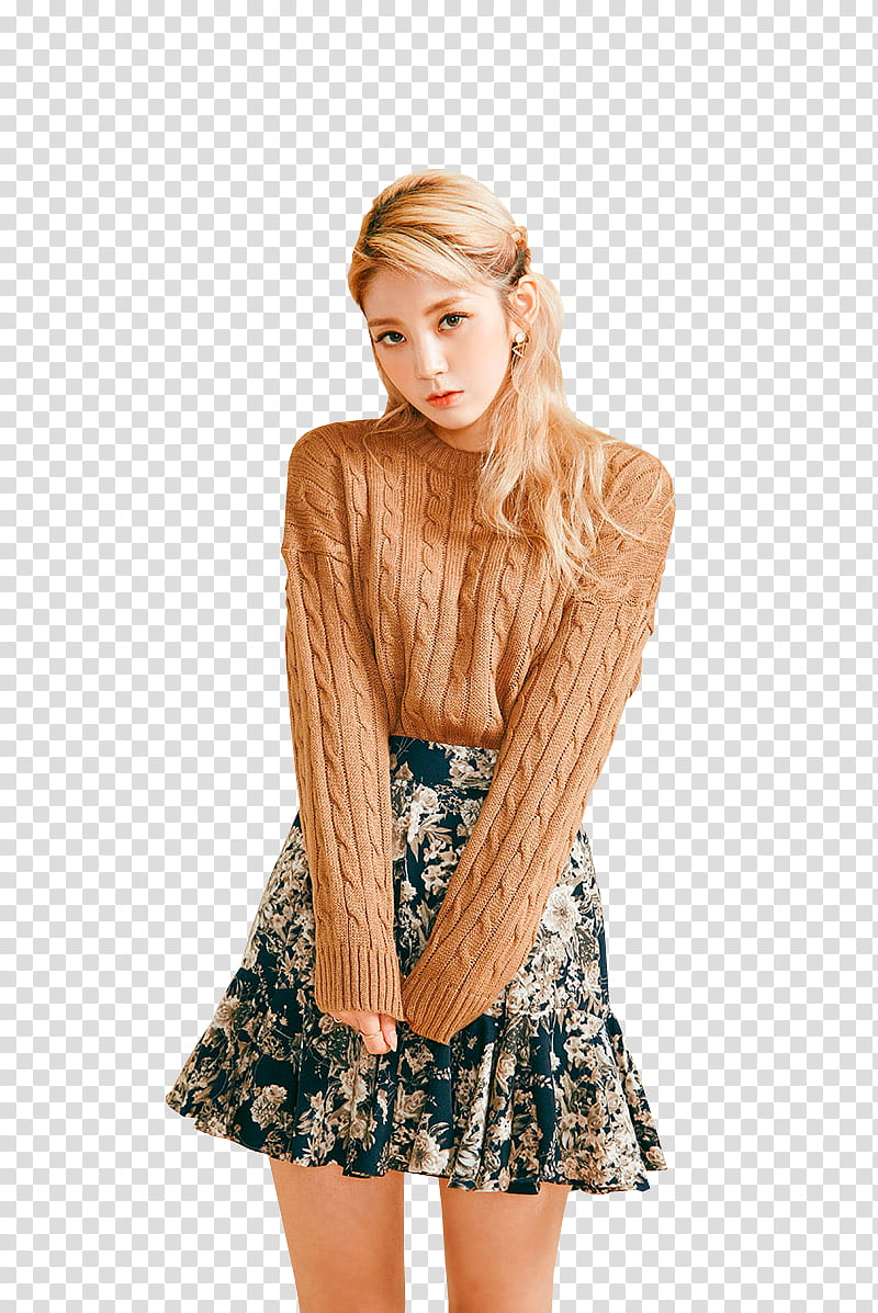 CHAE EUN, woman wearing brown cable-knit sweater and black and white floral high-waist A-line skirt transparent background PNG clipart