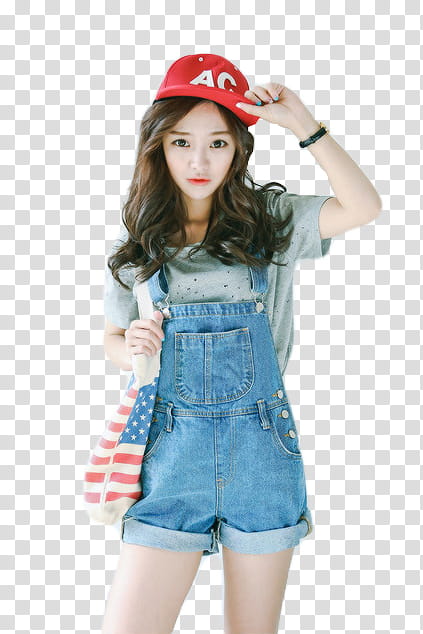 Ulzzang, woman in blue denim dungarees and red fitted cap transparent background PNG clipart